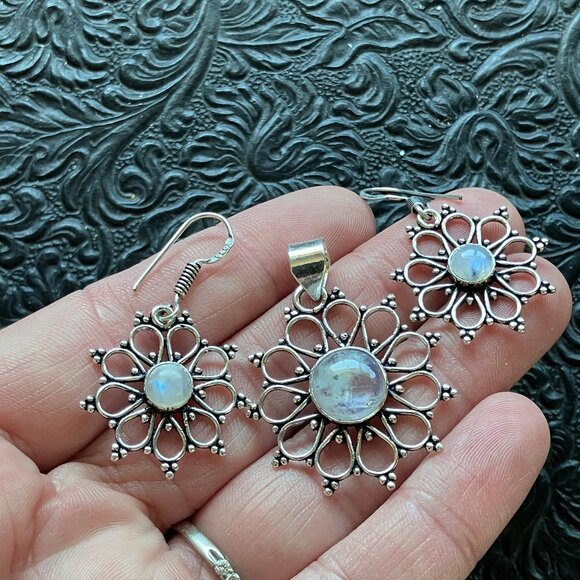 Rainbow Moonstone Crystal Gemstone Pendant and Earrings Set - Picture 5 of 8